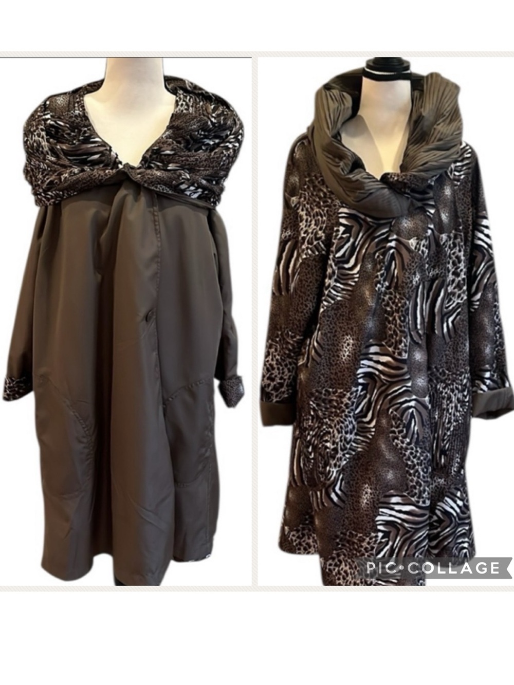 Ipse Reversible Animal Print Brown Black Olive Green Rain Jacket Hood XL Travel